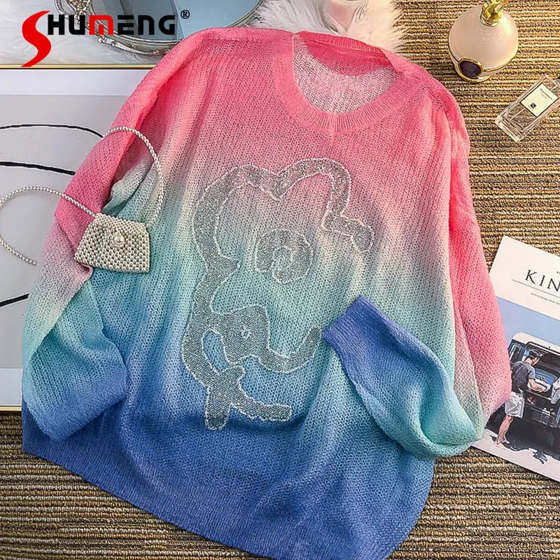 

Ladies Fashion Western Style Gradient Color Mohair Knitted Top Women 2022 Early Autumn Sweet Simple Lazy Style Pullover Sweater