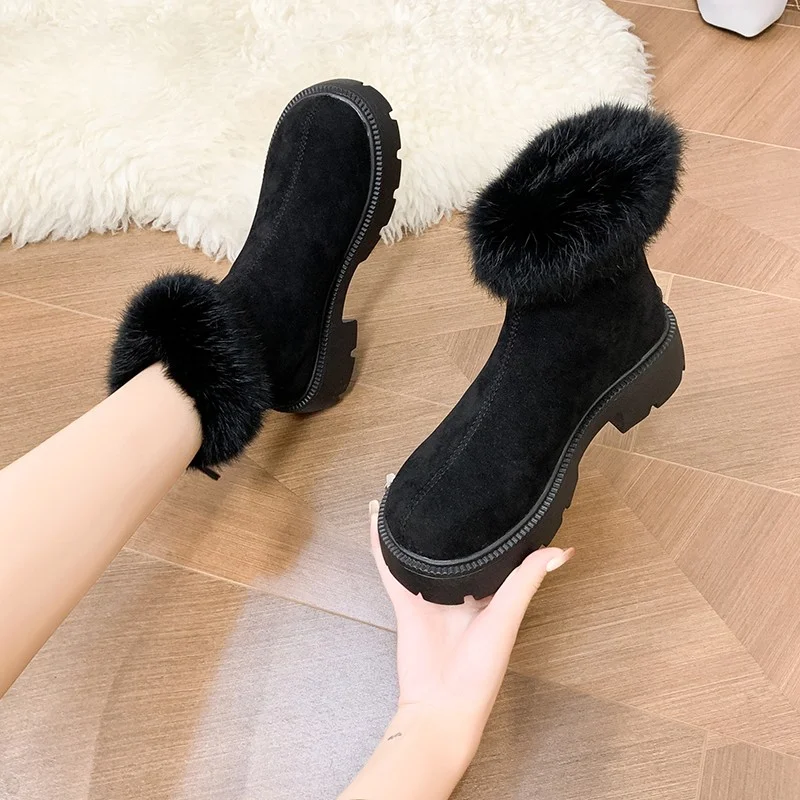 Winter Women's Ankle Boots Square Heel Snow Boots Plush Snow Boots Warm Platform Flock Slip Shoes Woman Woman Botas Mujer 2023