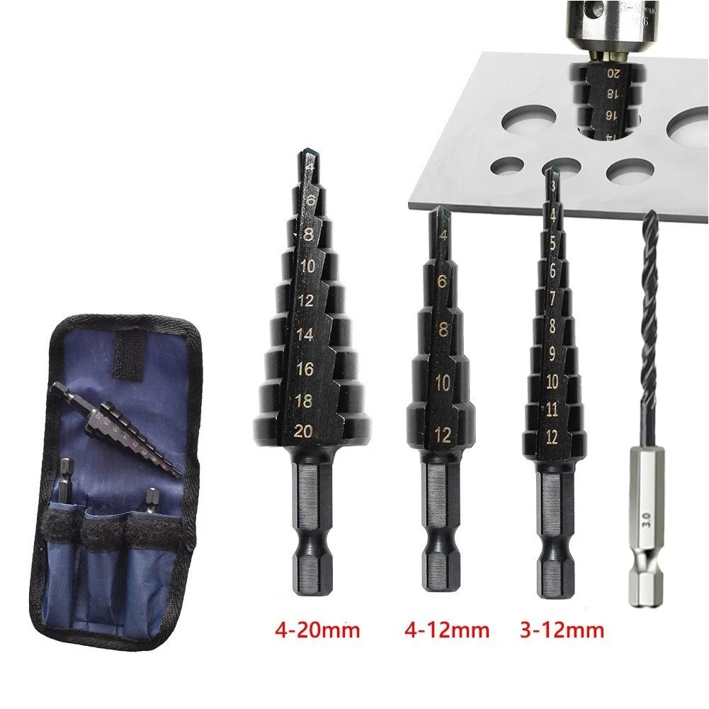 4 Pcs Step Drill Bits Set 3-12 4-12 4-20mm HSS Straight Groove Step Drill Bit Drill Core Drilling Hole Opening Tools Accessories images - 6