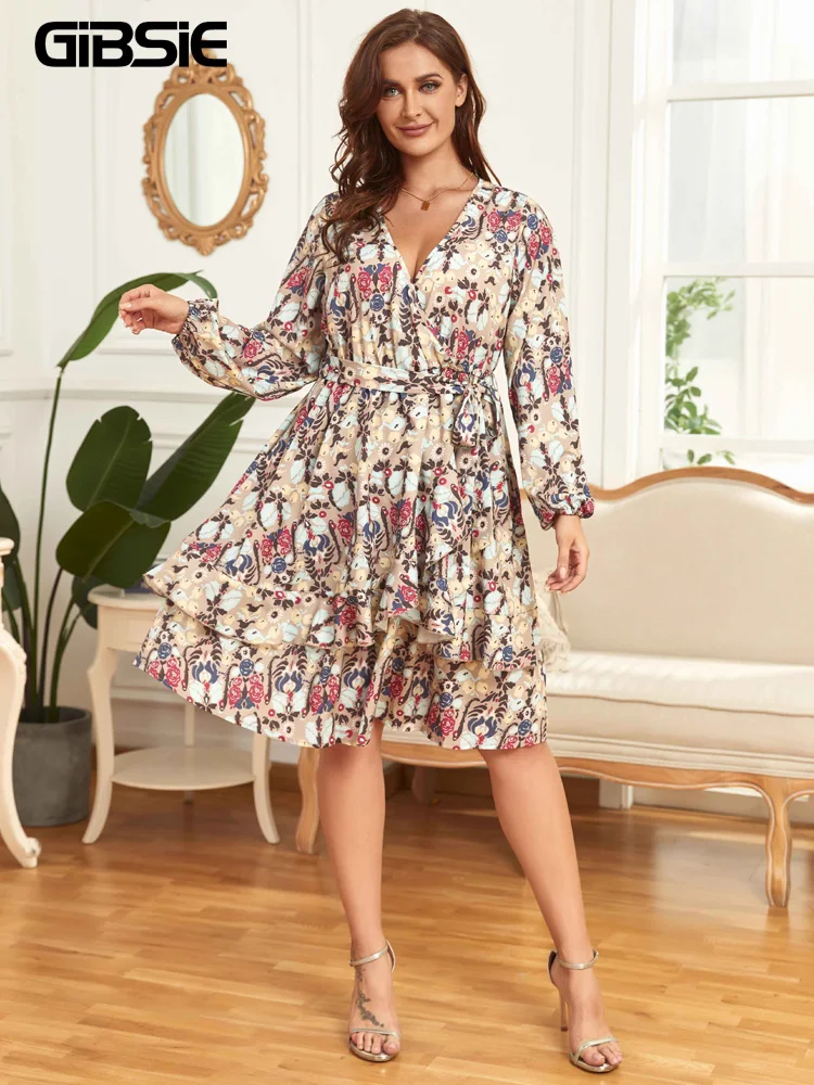 

GIBSIE Plus Size Surplice Neck Floral Print Belted Dress Women Spring Fall Long Sleeve Layered Ruffle Hem Knee Length Dresses