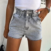 vintage high waist ruffled elastic waist denim shorts casual washed solid grey jean short 2022 summer fashion slim women shorts