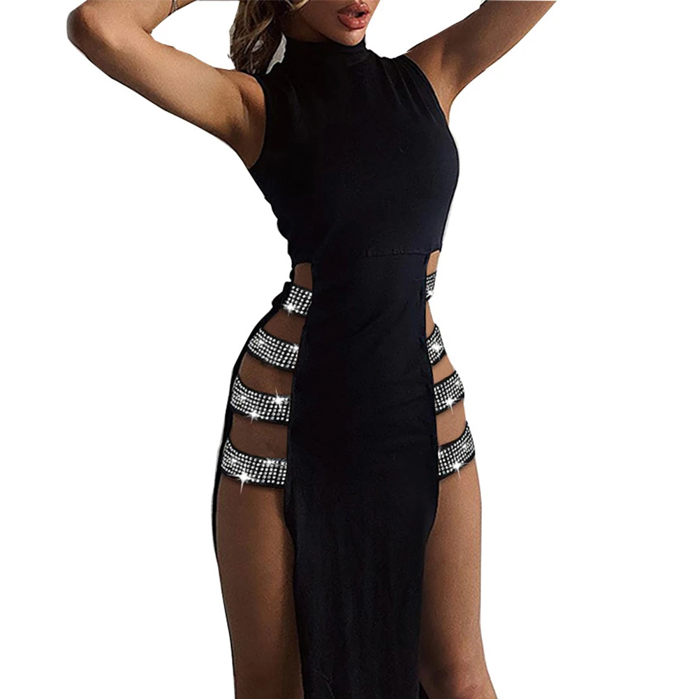 

Women Sexy Dress Sleeveless Elegant Mock Neck Studded Bandage Side High Slit Cutout Night Club Dresses Y2k Evening Dresses