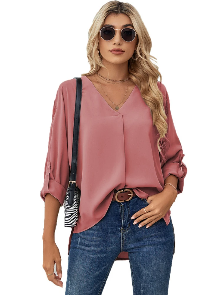 Women Long Sleeve Patchwork Chiffon Solid V-Neck Tops for Summer