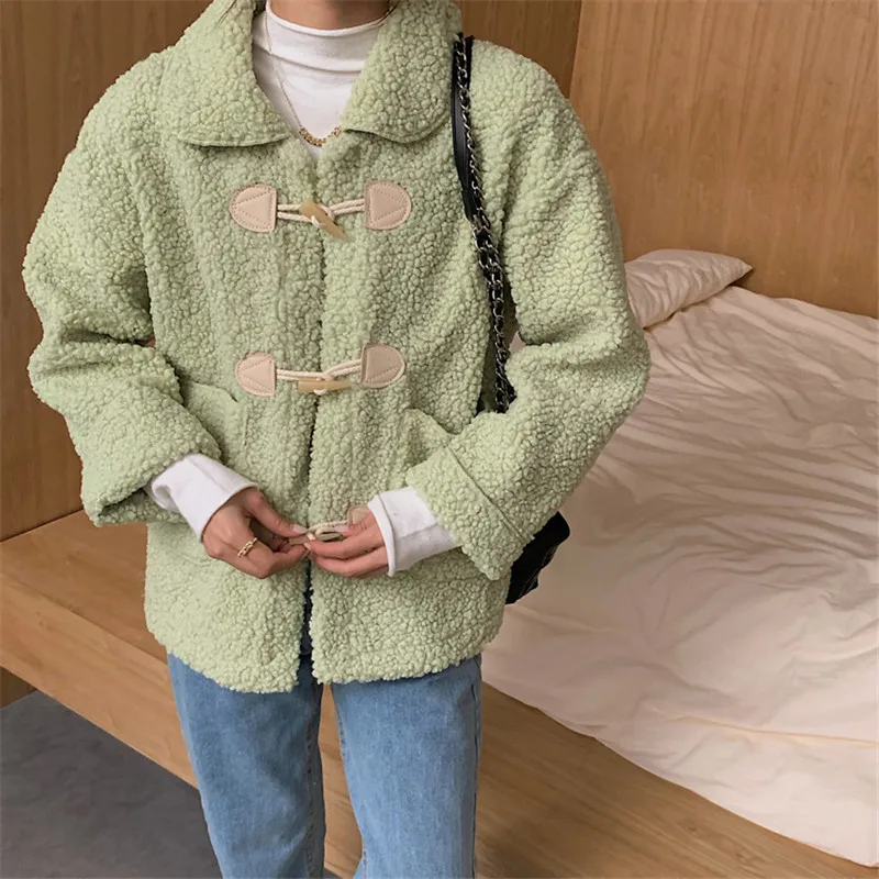 Kawaii New Autumn Winter Faux Lambwool Coat Women Solid Horn Button Fur Jacket Fashion Loose Lapel Thick Warm Plush Coats White