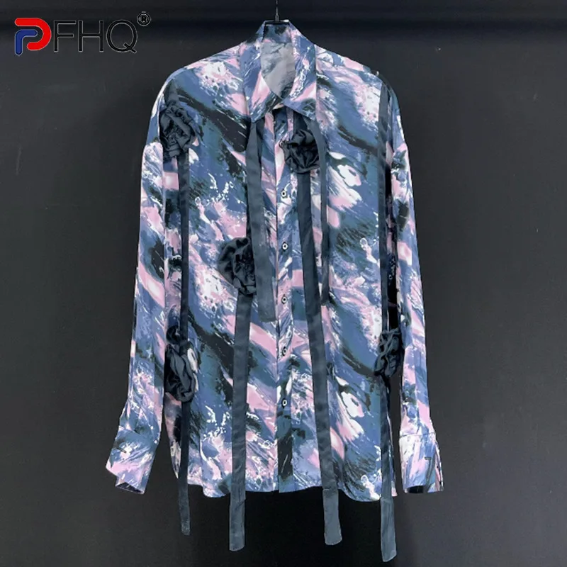 

PFHQ Autumn Men's Tie Dyed Flowers Long Sleeved Handmade Flower Shirts Niche Thin Draped Handsome Streetwear Casual Tops 21Z1125