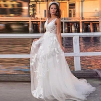 classic beach tulle wedding dress bridal robe de mariee v neck lace appliques dress backless custom made vestidos de novia