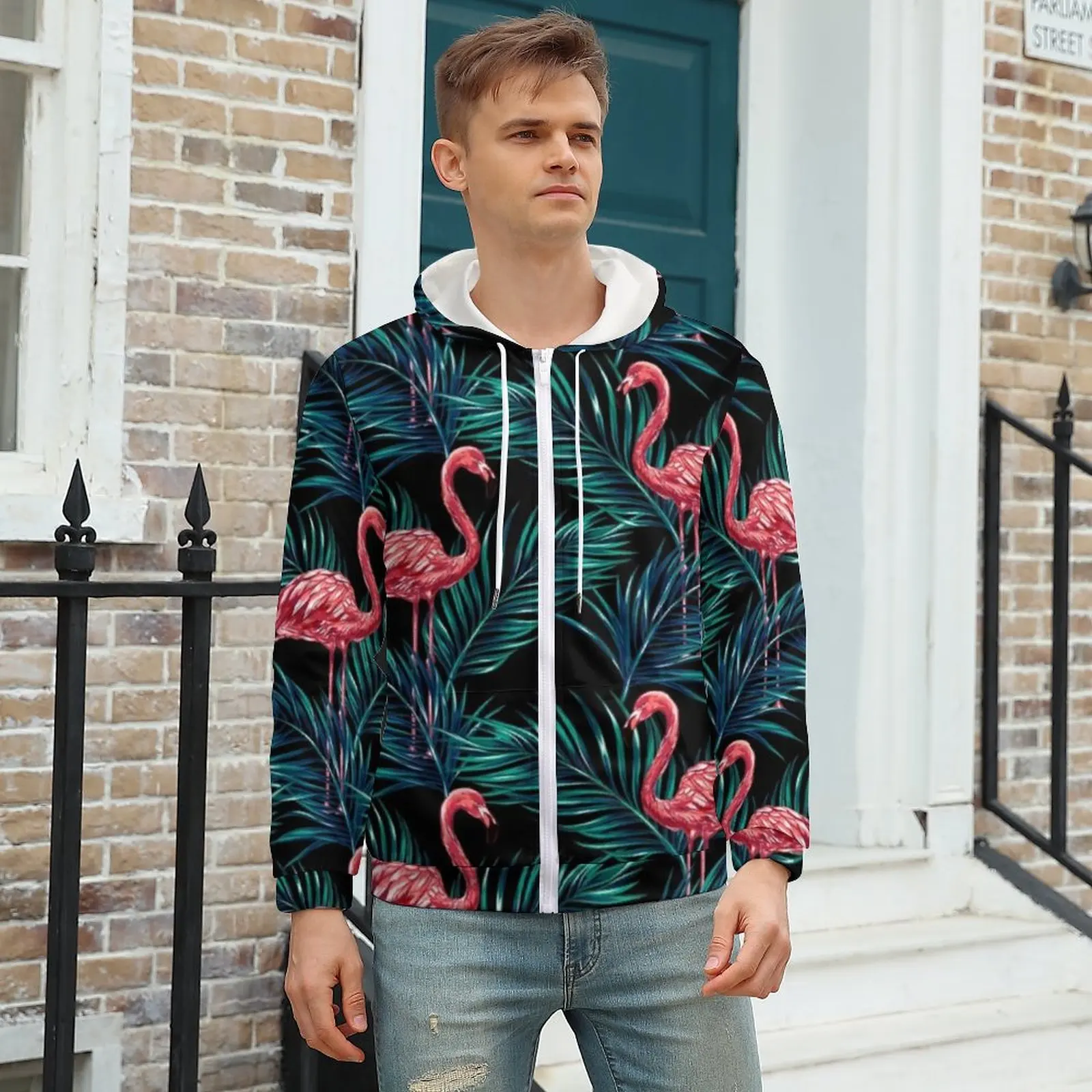 

Tropical Flamingo Birds Hoodie Green Leaves Print Full Print For Man Hoodies For Man Warm Zip Up Hoodie Big Size