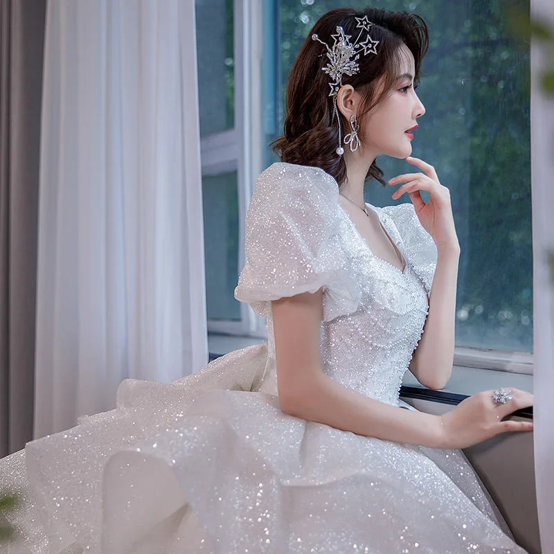 

Wedding Dress 2022 New Bridal Main Yarn Shiny Long Sleeve Spring Tail Retro Palace Style White Dress Marriage Dress Bridal Dress