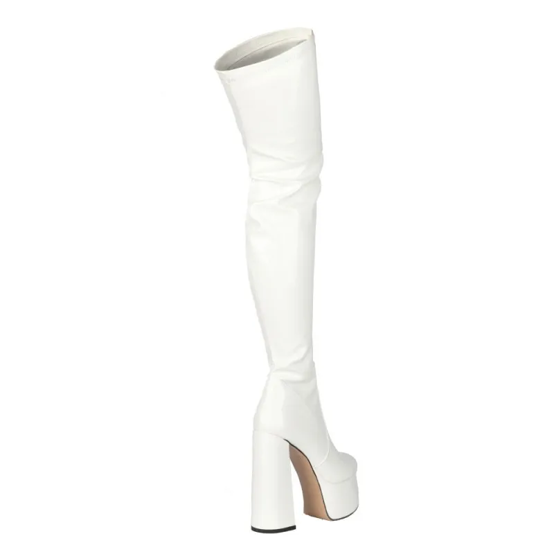 Pole Dance Thick Heel Waterproof Platform Patent Leather Round Head High Heel White Knee Length Boots Large Women's Boots 45