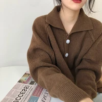vintage women casual loose turn down collar knitted cardigans coats female single breasted full sleeve sweaters 2022 autumn s12