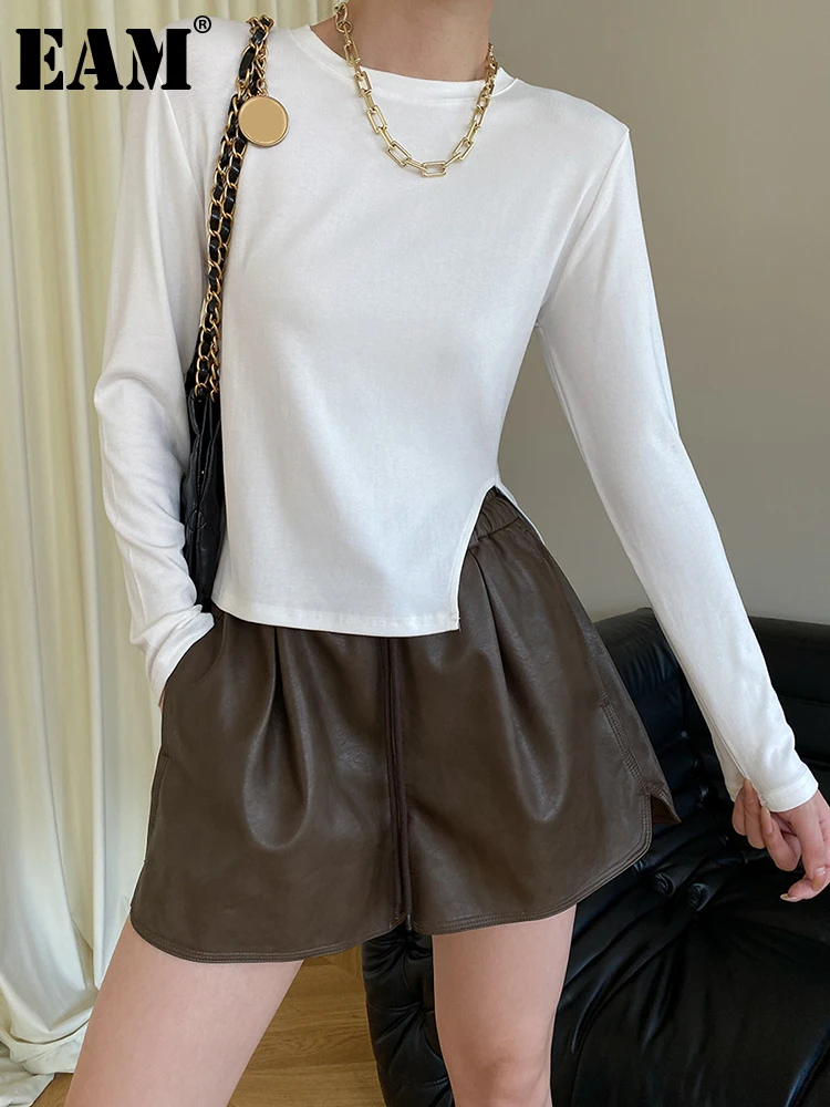 

[EAM] Women White Black Irregular Slit Casual T-shirt New Round Neck Long Sleeve Fashion Tide Spring Autumn 2023 1DH0531