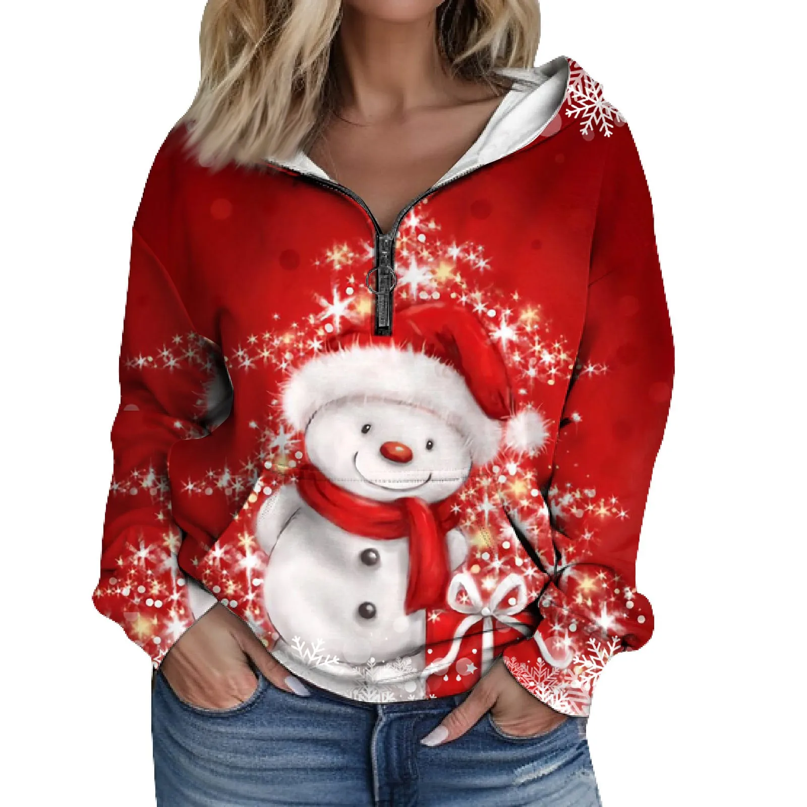 

Женские Рождественские толстовки с капюшоном, Повседневный пуловер с длинным рукавом и рождественским принтом снеговика, пуловеры с капюшоном на молнии, женская одежда, 2023