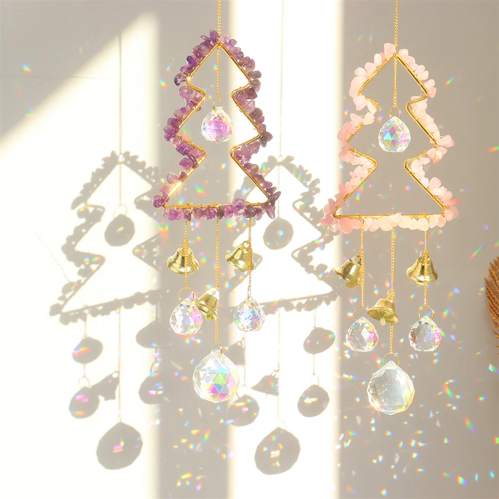 

Crystal Light Collection Pendant Creative Chic Reflective Pendant Christmas Tree Bell Pink Natural Stone for Family Friend Gifts