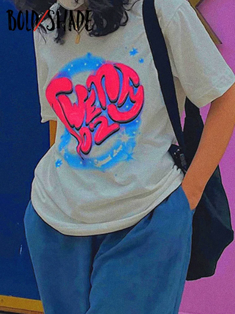 

Bold Shade 90s Street Style Oversized Letter Graphic Tees Vintage Skater Streetwear O-neck Print Short Sleeve White Long T-shirt
