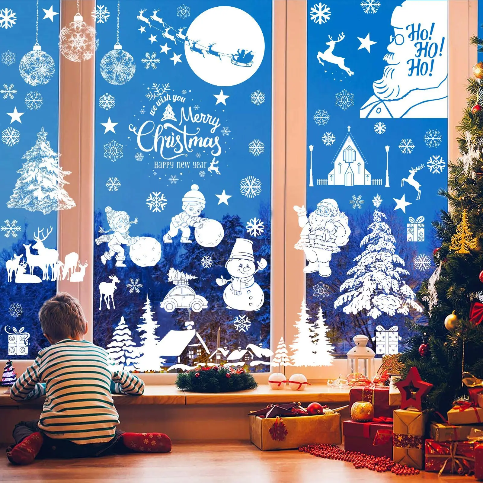 

Christmas Static Window Stickers Window Glass White Snowflake Elk Santa Claus Tree Stickers