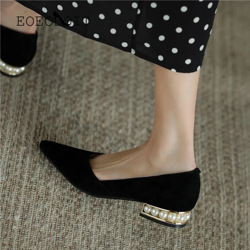 Туфли-лодочки женские с жемчугом флоковые заостренный носок повседневная обувь