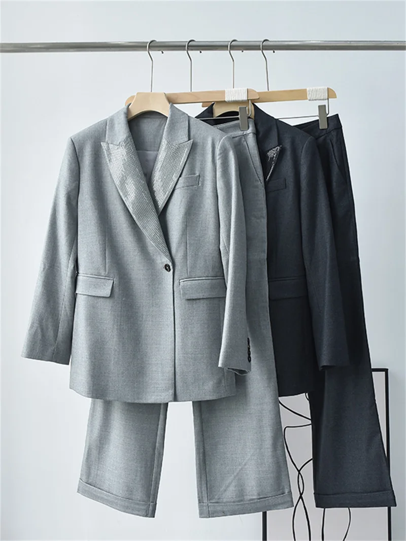 

Женский костюм из двух предметов, блейзер на одной пуговице с блестками и прямые брюки с оборками по краям, офисный модный костюм, Новинка осени 2023