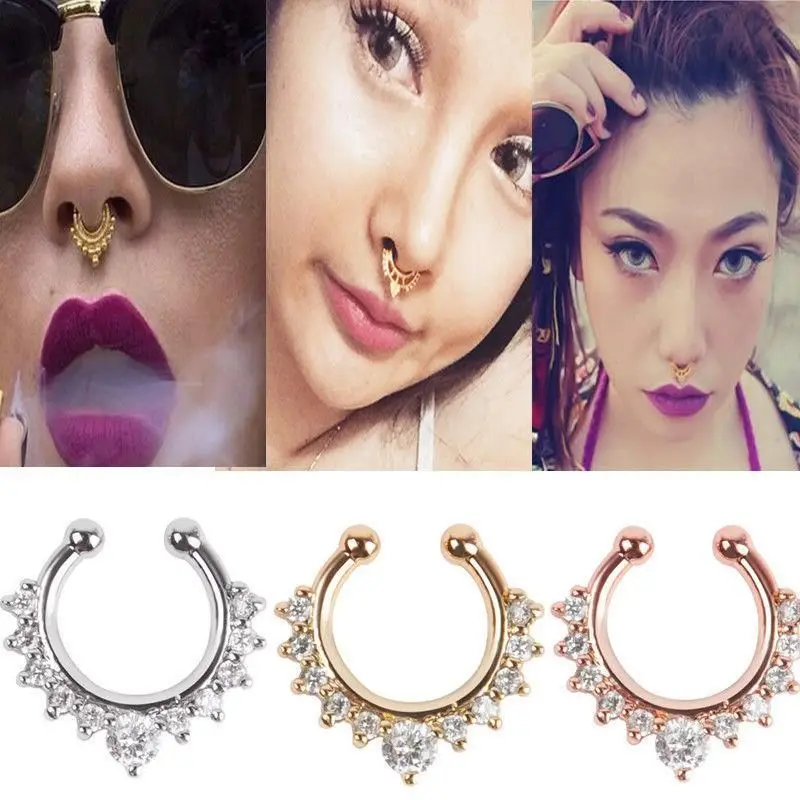 

1PCS Clip on Boby Nose Lip Ear Fake Piercing Rings Stud Punk Goth False Hoop Earrings Septum 6 Colors