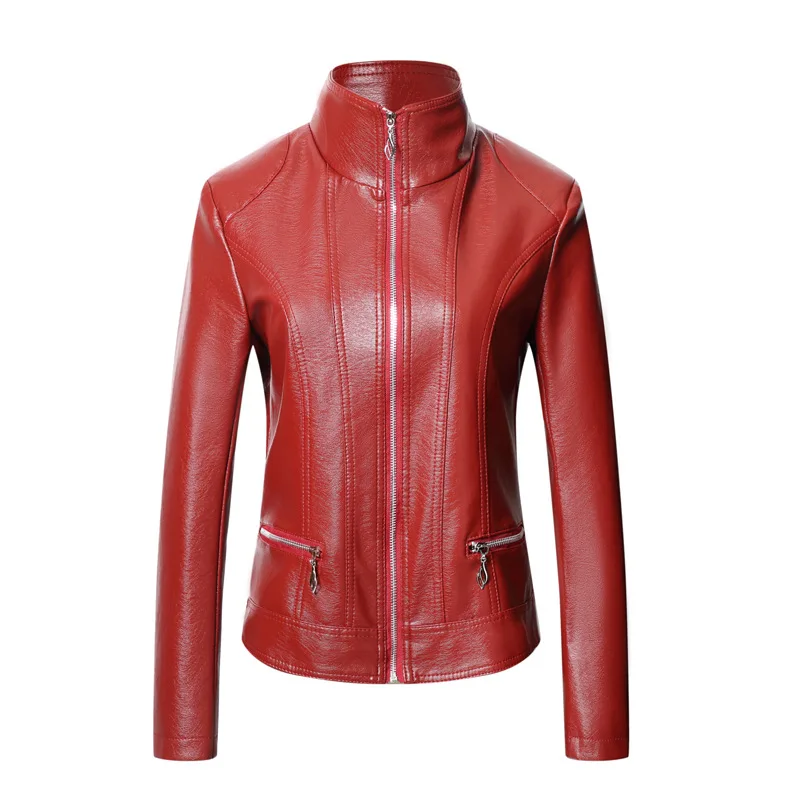 2022 Spring Autumn Winter Short Slim Women's Leather PU Leather Coat Leather Jacket Coat Skinny Lady Clothes Burgundy Red