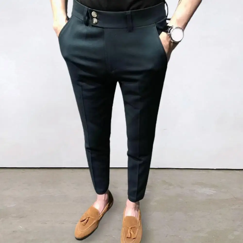 

Men Trousers Young Style Ankle Length Simple Super Breathable Mid Waist Men Suit Pants Ninth Suit Pants Commute Garment