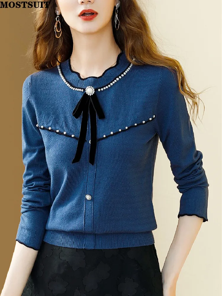 

Blue Workwear Knitted Sweater Knitwear Women Beading Bowtie Stylish Fashion Elegant Tops Pullover Long Sleeve O-neck Jumpers
