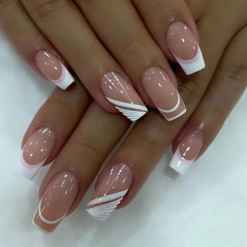 

24pcs Short Square False Nails Simple French Fake Nails Press on Nails Full Cover Nail Tips Detachable DIY Manicure