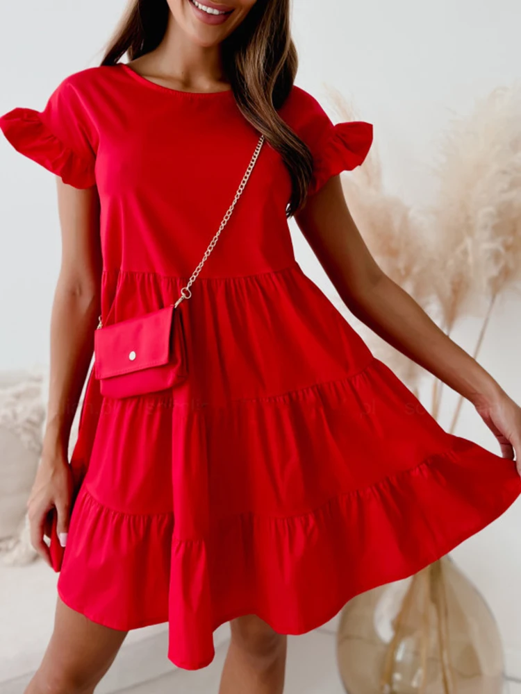 

Playful Sleeved Deep V Neck Mini Party Dress Lady Summer Solid Ruffle Dress Sexy Lace-up High Waist Pleated A-line Dress Women