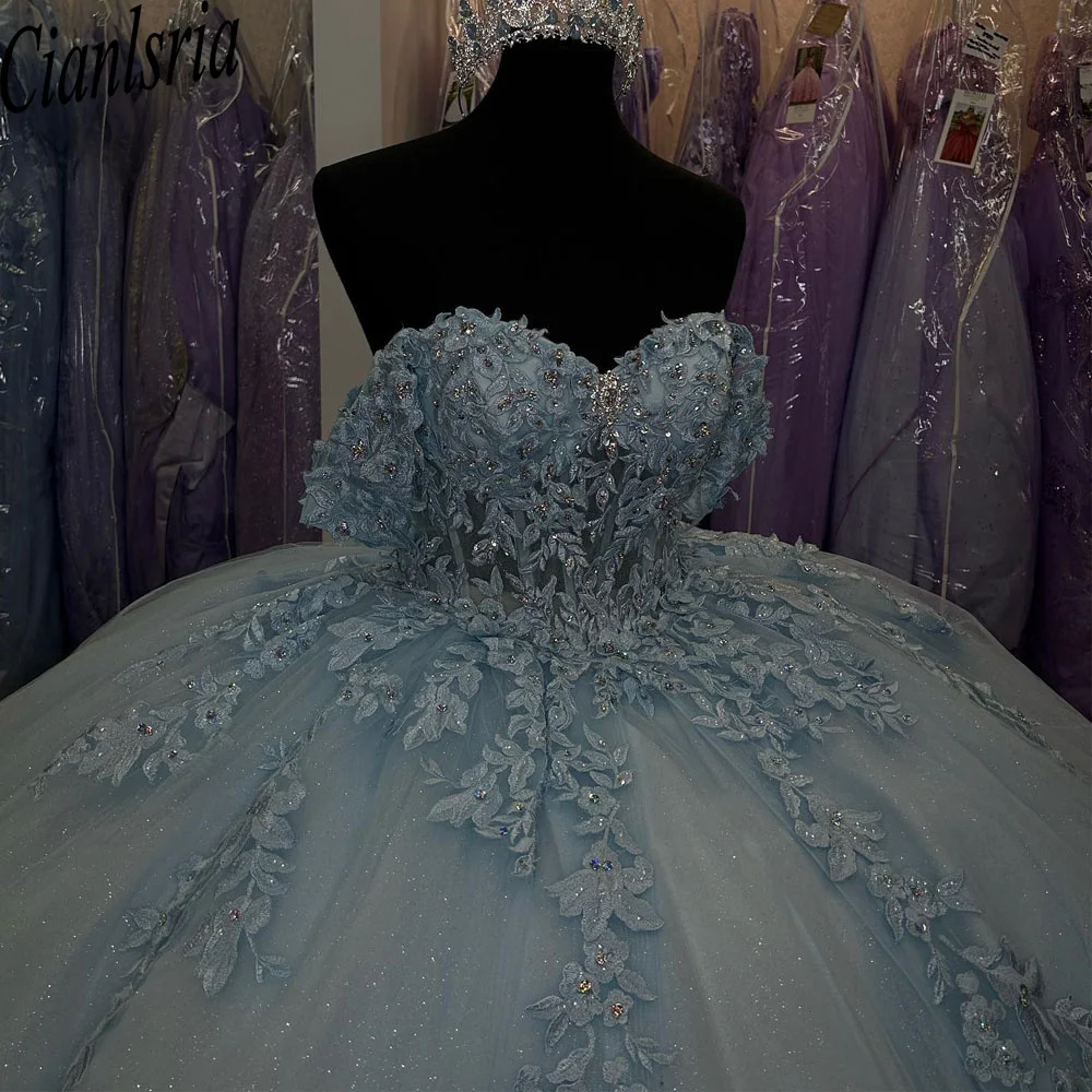 Кружевное бальное платье небесно-голубого цвета милое Quinceanera 2024 с бисером