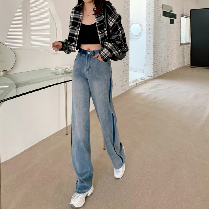

Women Casual Vintage Patchwork High Waist Wide Leg Jeans 2022 Spring Female Fashion Button Pocket Baggy Straight Denim Pants