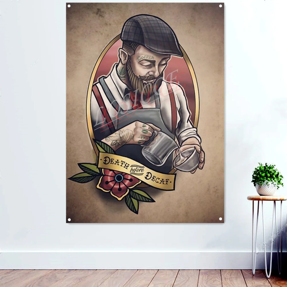 

The Barista Tattoo Art Tapestry Wall Hanging Flag With four Metal Buckles Polyethylene Banner Barber Shop Wall Decor Painting