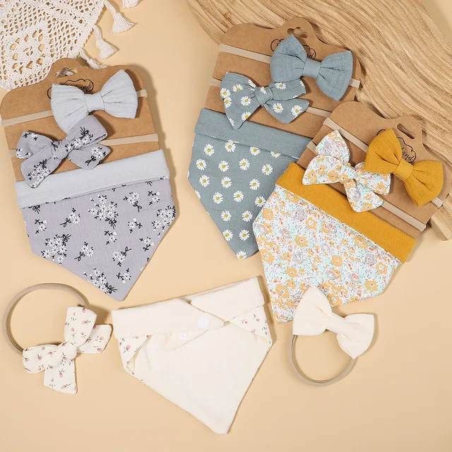 3Pcs/Set Muslin Cotton Baby Bib Newborn Bows Headband Triangle Print Saliva Towel Infant Boy Girl Feeding Burp Cloth Shower Gift 6