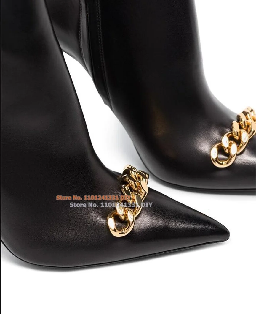 Black Leather Golden Chains Pointed Toe Short Boots Women Gold Thin High Heel Bootie Party Shoes Plus Size 43