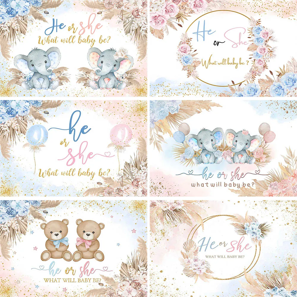 

Mocsicka Bohemian Gender Reveal Background Boho Flower Blue and Pink Baby Shower He or She Backdrop Party Decor Studio Photocall