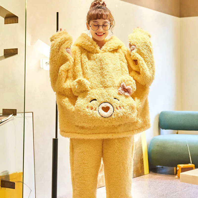 FUNISHI Winter Pajamas Cartoon Loose Version Hooded Pajama Set Inspissate Women Sleepwear Keep Warm Plush Plus Size 3XL Nighty