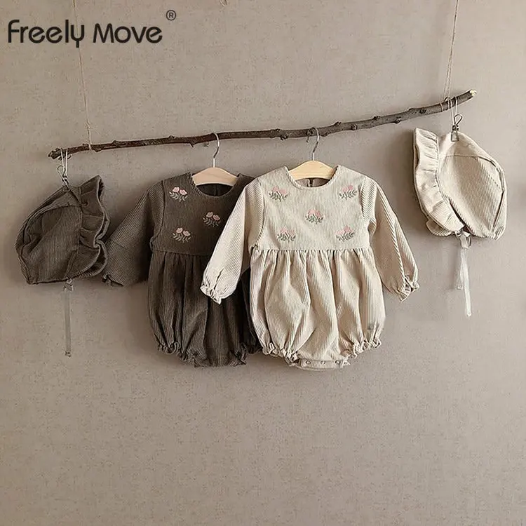 

Freely Move 2023 Spring Newborn Infant Baby Girls Romper Long Sleeve Corduroy Embroidery Rompers Jumpsuit Playsuit Baby Clothes