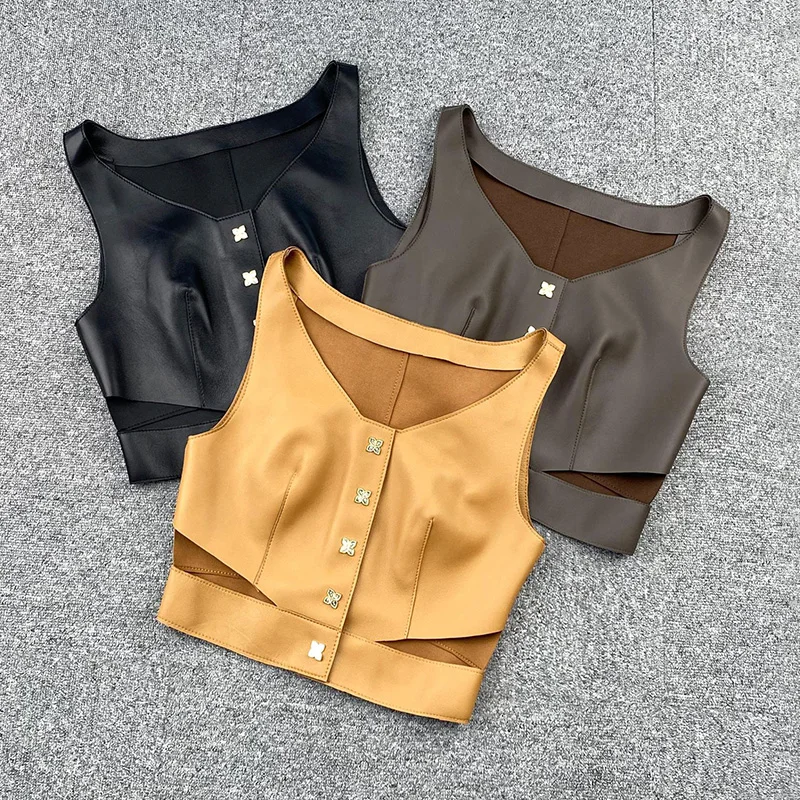Genuine Sheepskin Leather Vests 2023 New Design 3 Colors Leather Gilets Women Fashion Sleeveless Tops TF5005