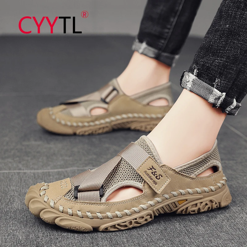 

CYYTL Men's Sandals Casual Mesh Handmade Slip on Outdoor Summer 2022 Leather Male Shoes Luxury Design Closed Toe Walking Hiking