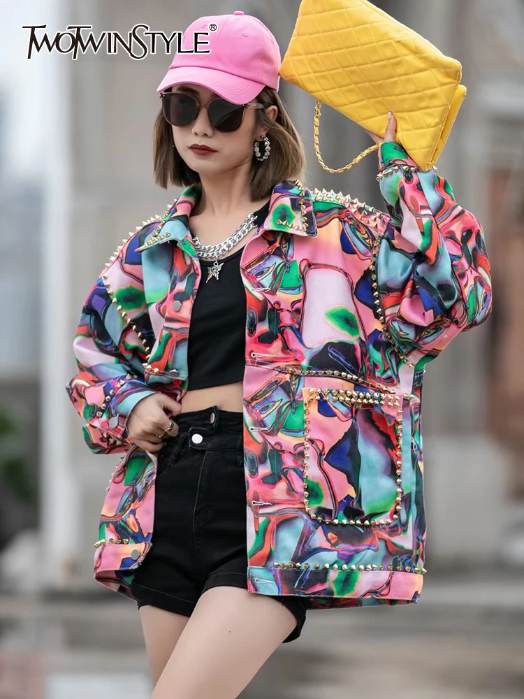 

TWOTWINSTYLE Hit Color Patchwork Rivet Jackets For Women Lapel Long Sleeve Denim Loose Jacket Female Fashion Style Clothing New