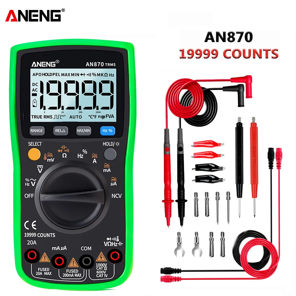 

ANENG AN870 Digital Multimeter 19999 Counts profissional transistor electrical tester 600v multi volt esrmeter lead set