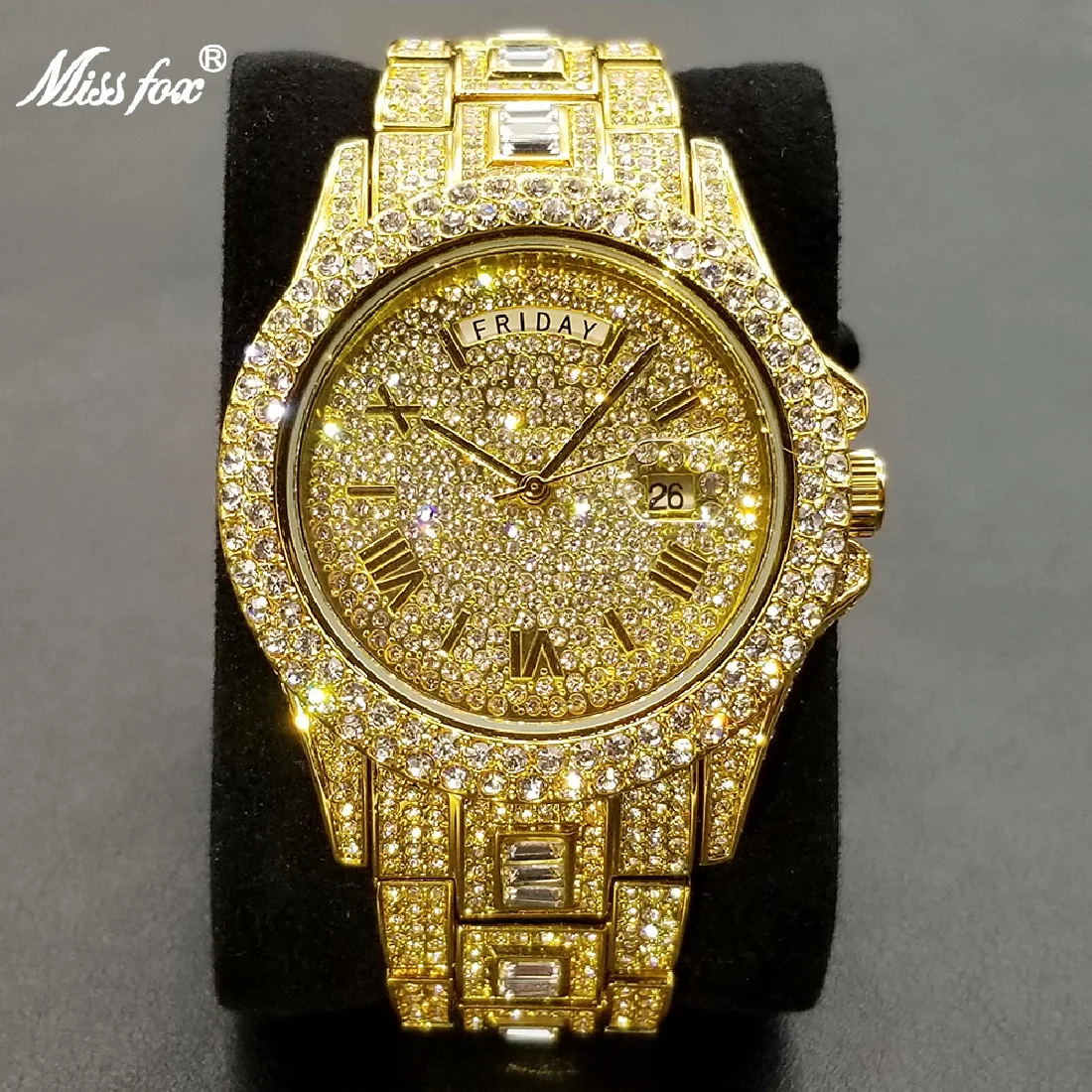 

MISSFOX Iced Out Watch For Men Luxury Gold Full Diamond Mens Watches Hip Hop Waterproof Day Date Clock Best Selling Product 2022