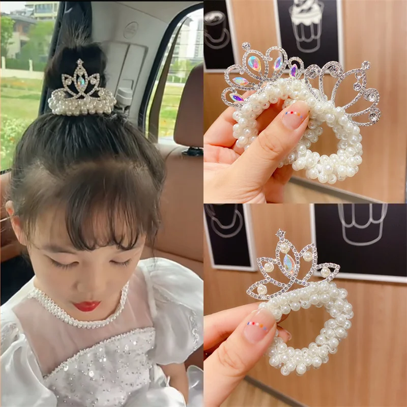 

2022 New Girls Crown Hair Band Princess Headband Luxury Korea Pearl Hair Tie Crystal Tiaras Headress Gifts Bun Head Rubber Band