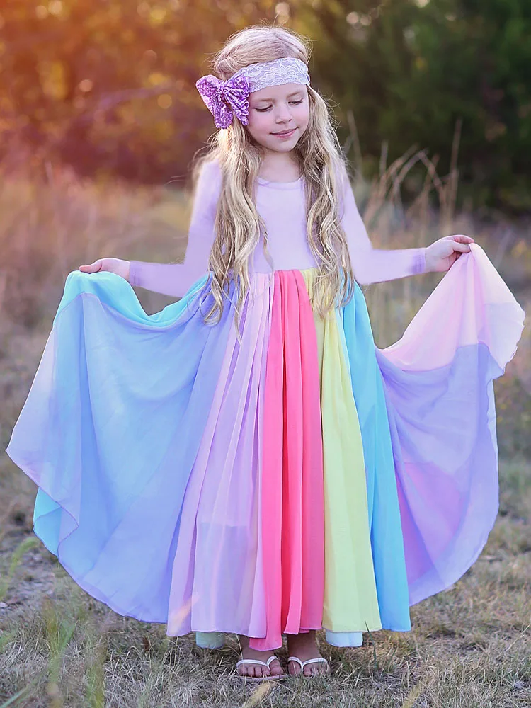 

Princess Children Dresses Kids Cotton Dresses For Girls Lace Rainbow Printing Girls Baby Party Children Clothing