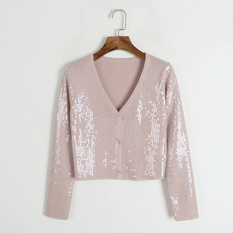 

Женский Укороченный кардиган с блестками, белый розовый кардиган с высокой талией, короткий свитер, пальто