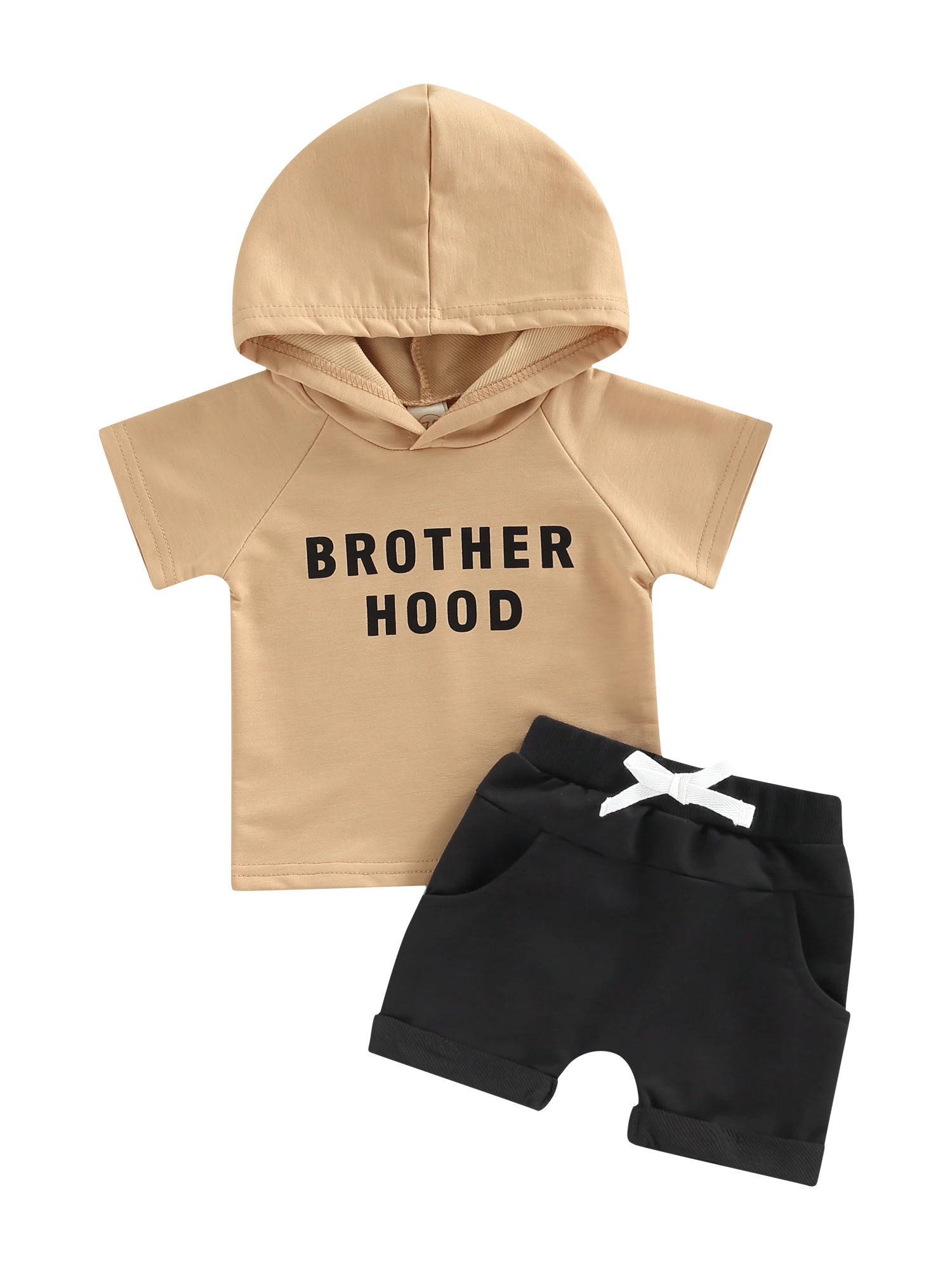 

Летняя одежда для маленьких мальчиков и девочек, крутые Топы с коротким рукавом и капюшоном, футболка с карманами, трикотажные шорты, компле...