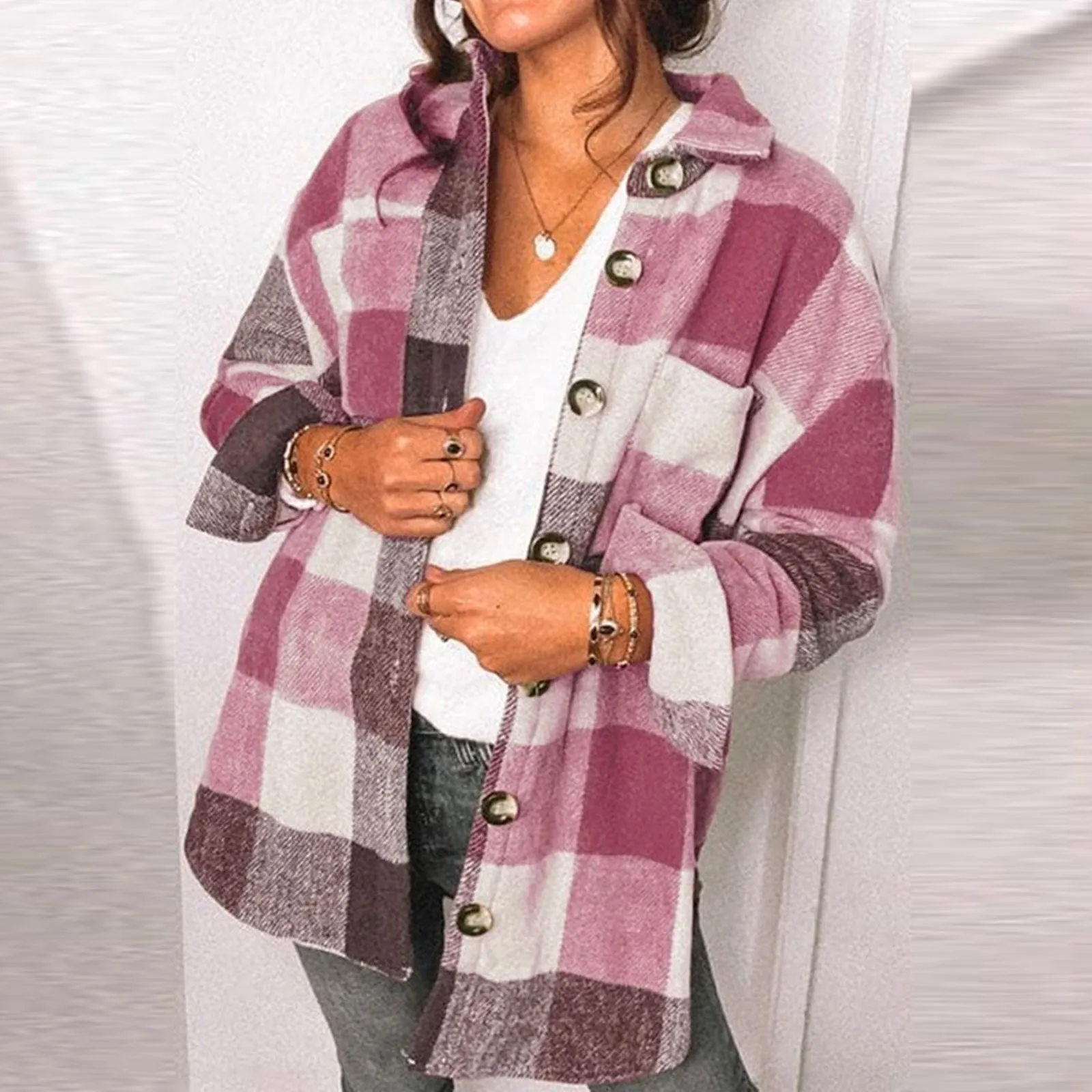 

Классический пуловер с передним карманом, Женское пальто, классический зимний Длинный свитшот с клетчатым принтом и пуговицами, Женский пу...