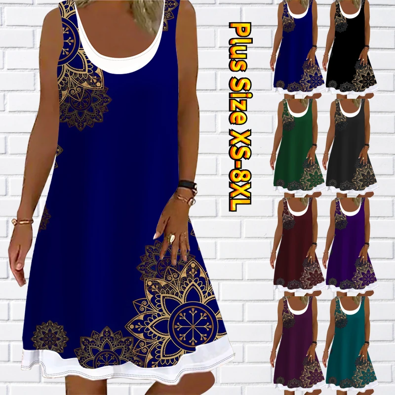 

2023 Summer women's casual simple style dress Sleeveless geometric print crewneck loose sundress women's daily skirt