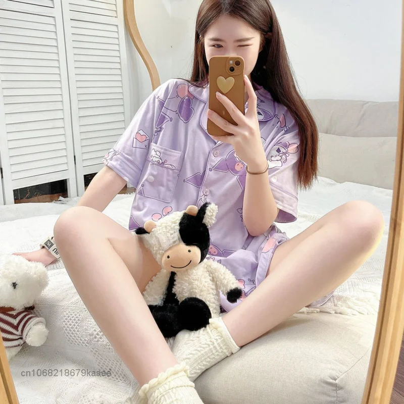 Sanrio Cartoon Kuromi Pajama Suit Summer Cotton Home Clothes 2 Piece Sets Women Top Shirts Shorts Y2k Pajamas Female Sleepwear