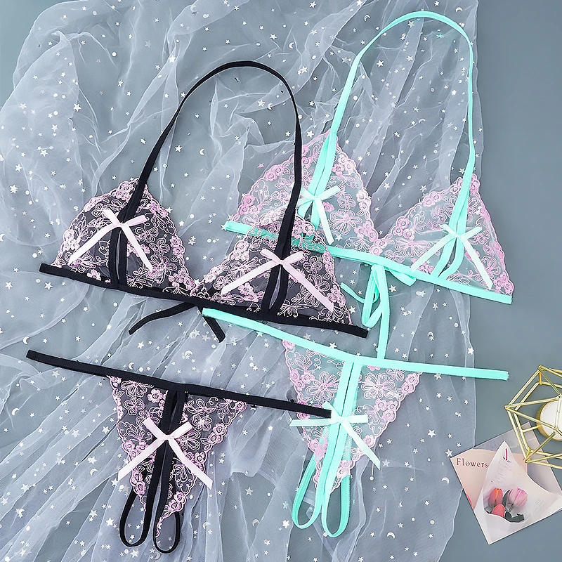 

Женское нижнее белье, сексуальный кружевной комплект, женский бюстгальтер с лямкой на шее и бантом, прозрачные костюмы с тремя точками, нижн...