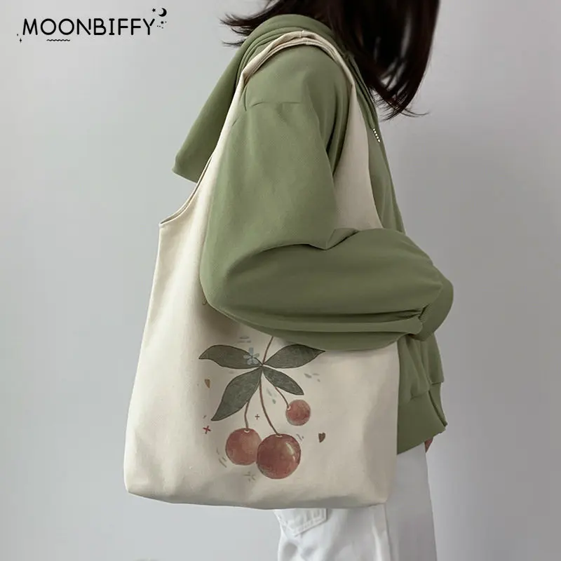 

Literature Cherry Print Tote Open Shopping Bag for Lady Canvas Shoulder Bag Women Students Cotton Cloth Eco Shopper Bag