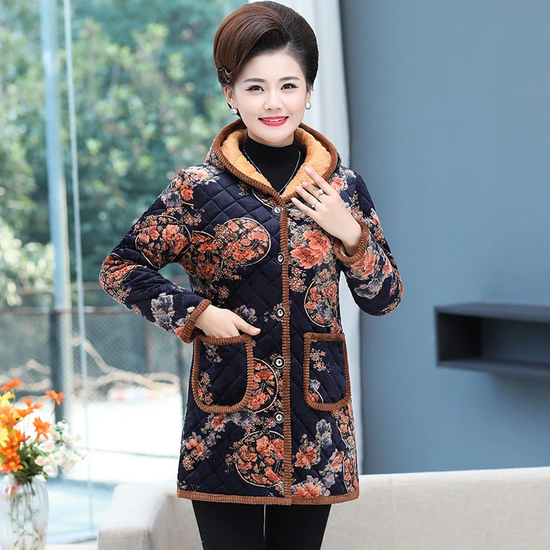 Oriental Winter Aged Women Floral Thermal Quilted Hooded Basic Coat Red Green Navy Blue Thick Fleece Lining Padded Overcoat 2022